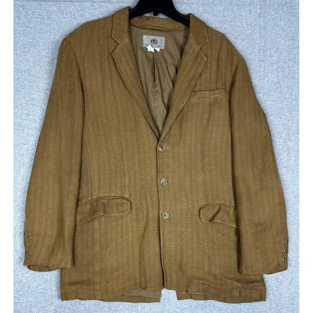 VTG Territory Ahead Linen Silk Blazer Mens Large Brown Herringbone Sport Coat
